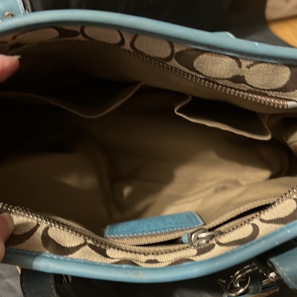 COACH HAMPTON SIGNATURE JACQUARD KHAKI/BROWN SATCHEL WITH TEAL LEATHER TRIM - Picture 4 of 12